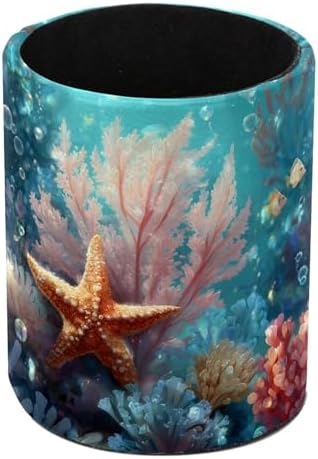 Underwater Corals and Starfish Leather Pen Holder for Desk, Multifunctional Desktop Organizer Pencil Cup, Desktop Caddy Stationery Organizer for School Home Office Desk Accessories by Unknown