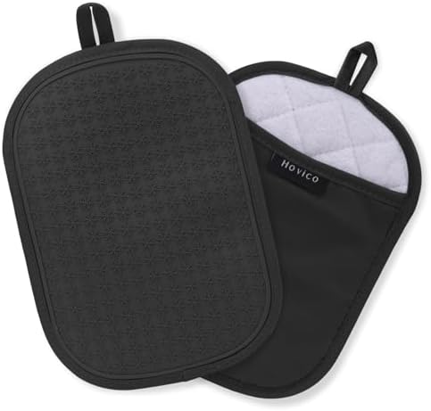 Hovico 2PCS Silicone Pot Holders, Oven Mitts Heat Resistant Hot Pads with Pockets, Non Slip Pot Holder for Kitchen Baking and Cooking| 9.8 x 7 Inches | Towel Cloth Interior Lining - Black by Hovico
