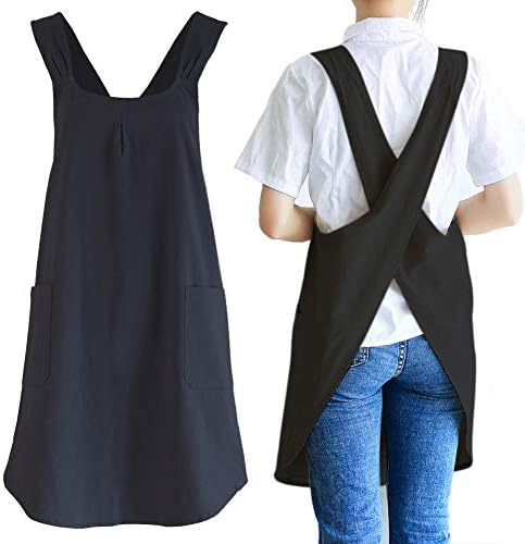 NEWGEM Japanese Cotton Linen Cross Back Cooking Apron for Women Men with Pockets Cute for Baking Kitchen by NEWGEM