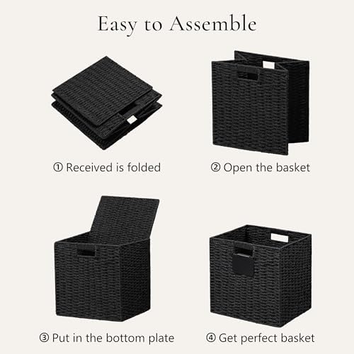 UBBCARE 4 Pack Wicker Basket, 13×13 Storage Cubes with Label, Foldable Cube Storage Bin with Handle, Square Storage Basket for Shelves, Woven Paper Rope Basket for Organizing, Black - Image 7