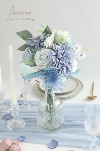 Floroom Dusty Blue Powder Blue Artificial Flowers Fake Roses Dahlias and Greenery Combo Box Set for DIY Wedding Bouquets Bridal Shower Centerpieces Floral Arrangements Party Tables Home Decorations - Image 4