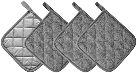 Kitchen Pot Holders Set Heat Resistant Pure Cotton Potholders Kit Trivets Large Coasters Hot Pads Terry Pot Holders for Everyday Cooking and Baking by 7 x 7 Inch Set of 4 Dark Grey by KLNYOO