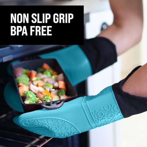 BPA-Free Soft Silicone Oven Mitts - Ultra Heat Resistant Oven Mitts with Thick Cotton Liner - Extra Long Slip Resistant Pot Holders, Flexible Oven Gloves - Aqua/Black 14.7" - Image 4
