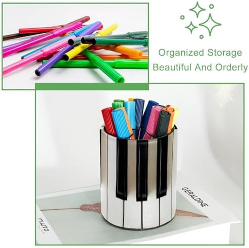 Leather Cylinder Pen Holder & Pencil Organizer - Stylish and Compact Pen Organizer for Desk - Piano Keys Black White - Image 3