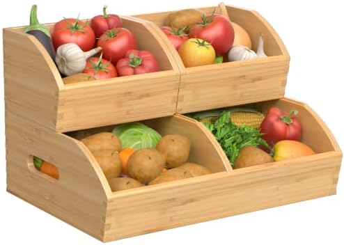 Potato and Onion Storage Bin, Stackable Pantry Organizers for Kitchen Countertop, Ventilated Bamboo Storage Baskets with Handles, Multipurpose Organization Containers for Fruit, Vegetable, 3 Pack by Unknown