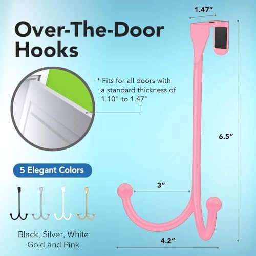 2-Pack Over The Door Hooks - with 2 Hang Heads & Snug Fit Pads Heavy Duty Hook for Hanging Coats, Towels, Caps & Robes - Elegant Matt Finish - No Drill Hanger Organizer - Pink - Image 2