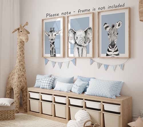 Safari Animals Baby Girl Boy Set of 3 Nursery Unframed Prints, Bedroom Decor Wall Art Posters, Black and White Elephant Giraffe Zebra, Blue Background (11x14) - Image 4