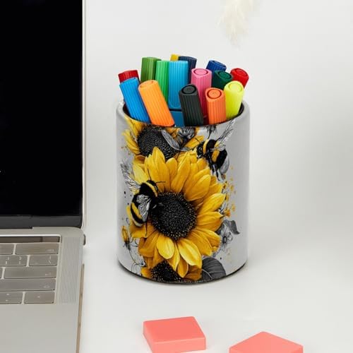 Faux Leather Pen Holder for Desk, Pencil Organizer Bee and Sunflowers Pen Cup Desk Decor Makeup Brush Holder Storage for Office Home - Image 5