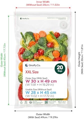 GIRAFFYCO 20 XXL Reusable Vacuum Sealer Bags, 13 x 19.3 in, Food Storage - Image 2