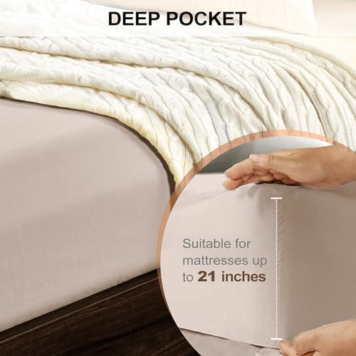FreshCulture King Fitted Sheet Only - Hotel Quality Ultra Soft & Breathable Brushed Microfiber Fitted Sheet with 21 Inch Deep Pockets - Fits King Size Bed (Khaki) - Image 4
