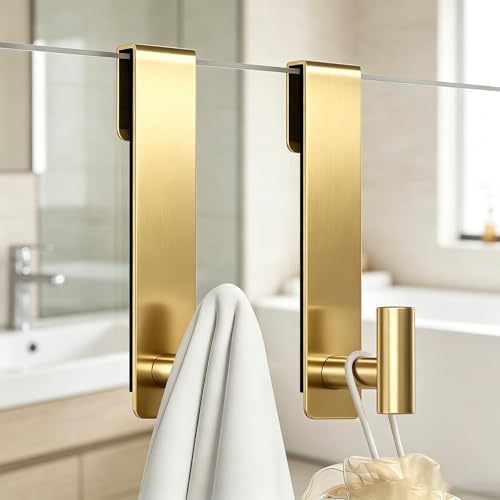 HUFEEOH 2-Pack Over The Door Hooks, Stainless Steel Door Hanger for Towels & Coats, Bathroom Towel Rack Coat Rack, Tool-Free Hooks for Hanging (Gold, Fits 3/8" Thick Door - T Shape 2 Pack) - Image 7