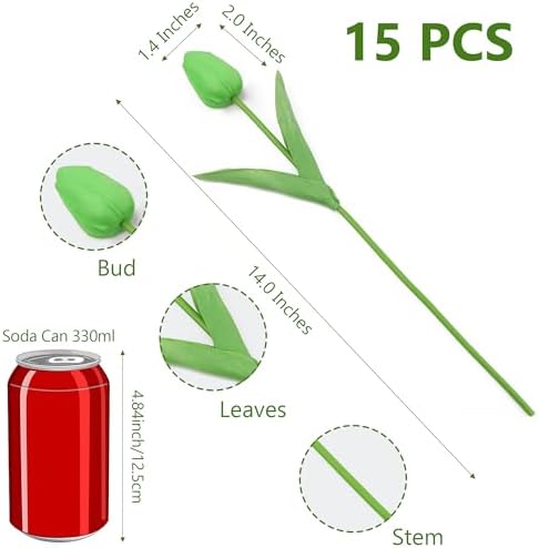 SITUMEIZI 15pcs Green Tulips Fake Artificial Flowers Real Touch 14" PU Flower for St Patricks Day Home Decor Easter Spring Wedding Bouquet Decorations Mother's Gift Day Floral Arrangements - Image 2