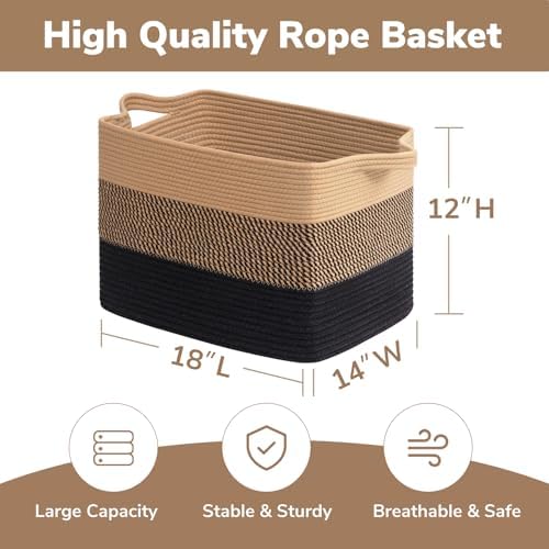 Goodpick 50L Large Woven Storage Basket, 18" x 14" x 12", Black & Jute - Image 3