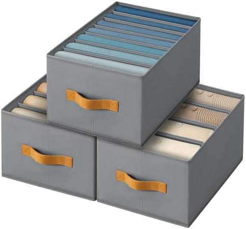 Homsorout Clothes Organizers and Storage - 4/5/7 Grids Fabric Jeans Organizer with Handles, Foldable Closet Organizers Dividers, Wardrobe organizer for Pant, Sweater, T-shirt, Scarf, 3 Pack, Pale Grey by Homsorout