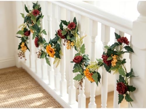 MAKHOT 2Pack Artificial Maple Leaves and Sunflowers Burgundy Roses Garland - Image 5