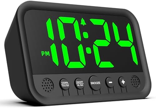 Small LED Digital Clock for Bedroom, Loud Alarm Clock for Heavy Sleepers Adults, Teens | Plug-In Electric Desk Clock | Simple Bedside Nightstand Clock with Adjustable Volume/Brightness/Snooze – Green by DigitalClocks