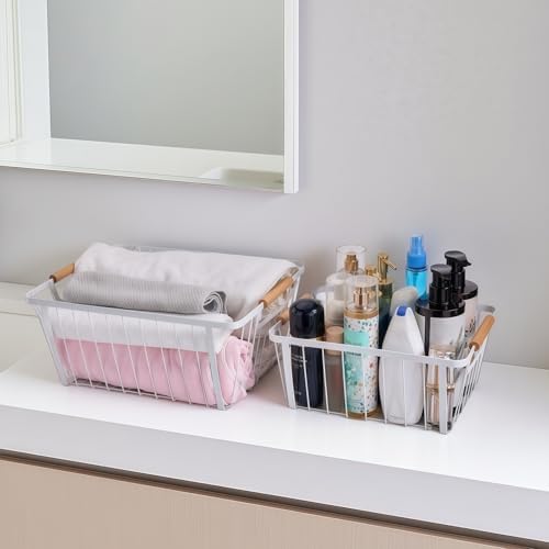 LeleCAT White wire baskets for organizing with Wooden Handle ,Metal Wire Storage Baskets Country Vintage Style Snack Baskets. pantry organizers and storage，Kitchen,Bedroom,Bathroom,White,Set of 2 - Image 7
