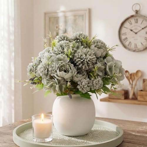 Tigeen 12 Bundles Artificial Flowers Bouquet Silk Peonies, Green - Image 4