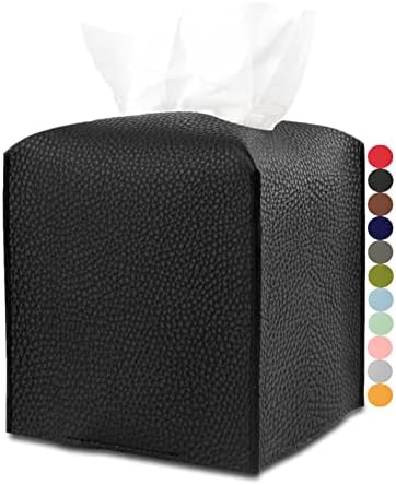 Leather Tissue Box Cover Square – Tissue Holder with Bottom Belt [JESMINI, Black] Aesthetic PU Leather Tissue Box Holder Decorative for Bathroom, Home Office Decor by JESMINI