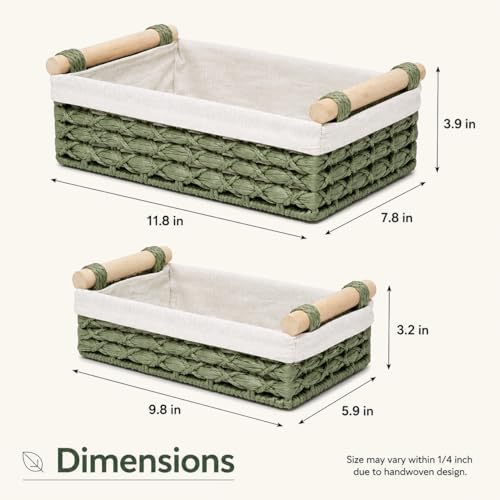 Sage Green Bathroom Baskets Set of 2, Paper Rope, Wood Handles - Image 5