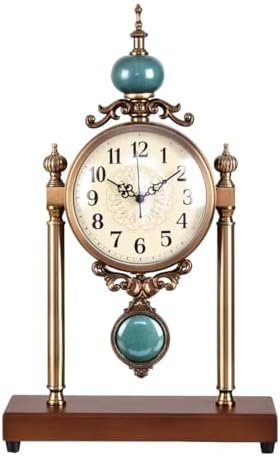 Vintage Table Clock with Turquoise Accents, Silent Non-Ticking, Wood Base and Metal Frame, Decorative Antique Design by Unknown