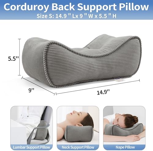 Lumbar Support Pillow for Study Desk Chair, Bite-Size Natural Latex Foam Back Support Pillow for Lower Back Pain Relief, Soft & Support Corduroy Office Chair Cushion, S, Gray - Image 2