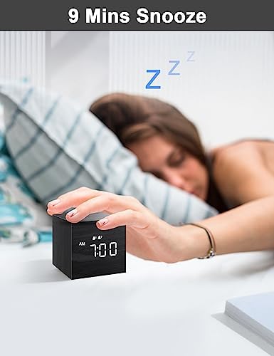 JALL Digital Alarm Clock, with Wooden Electronic LED Time Display, 3 Alarm, 2.5-inch Cubic Small Mini Wood Made Electric Clocks for Bedroom, Bedside, Desk, Black - Image 3