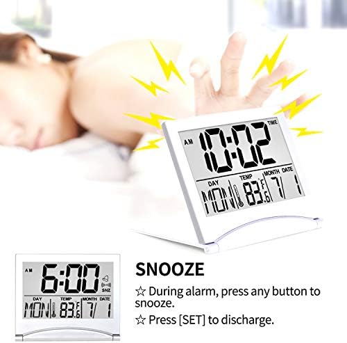 Betus Digital Travel Alarm Clock - Foldable Calendar Temperature Timer LCD Clock with Snooze Mode - Large Number Display, Battery Operated - Compact Desk Clock for All Ages (Silver Pack of 2) - Image 4