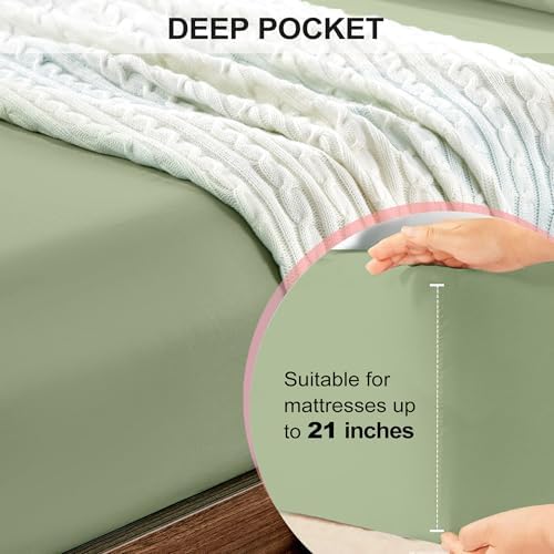 FreshCulture Queen Fitted Sheet Only - Hotel Quality Ultra Soft & Breathable Brushed Microfiber Fitted Sheet with 21 Inch Deep Pockets - Fits Queen Size Bed (Sage Green) - Image 4