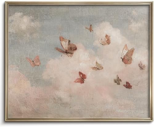 Vintage Whimsical Butterfly Wall Art Vintage Nursery Wall Art Cottagecore Girls Room Decor Cottage Butterfly Landscape Oil Art Print Country Field Style Retro Wall Decor for Gallery Living Room Bedroom (UNFRAMED 8x10in) by VodefoadVintageWallArt