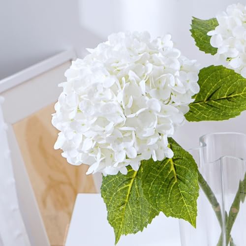 Waipfaru 21" Real Touch White Hydrangea Artificial Flowers with Long Stem & Leaves, Full Latex Faux Hydrangea Flowers for Home Decor Party Floral Arrangements Wedding Bouquets Centerpieces, 5Pcs - Image 2