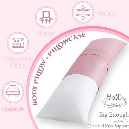 Ubauba Memory Foam Body Pillow with Cover, Full Large Body Pillows Insert for Adults with Envelope Closure Pillowcase, Firm & Fluffy Long Bed Pillows for Sleeping (20x54 inch, Pink) - Image 3