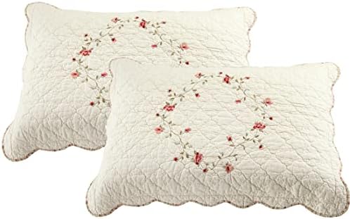 vctops 2-Piece Elegant Floral Embroidered Pillow Shams King Size 100% Cotton Quilted Decorative Pillow Shams Set (Cream,20"x36") by vctops