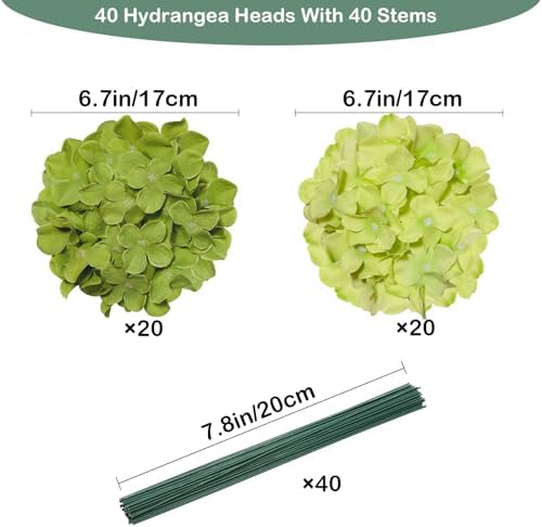 Hydrangea Artificial Flowers, 40 Pcs Green Hydrangea Artificial Flowers Bulk, Faux Hydrangea Flowers for Outdoor, Fake Silk Ivory Hydrangea Flowers with Stems for Wedding Decoration Decor - Image 3