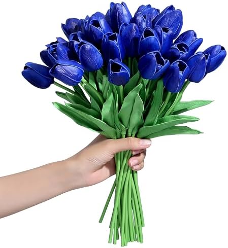 SITUMEIZI 15pcs Tulips Fake Blue Artificial Flowers Real Touch 14" PU Flower for Home Decor Spring Easter Wedding Bouquet Decorations Floral Arrangements(Deep Blue) - Image 3
