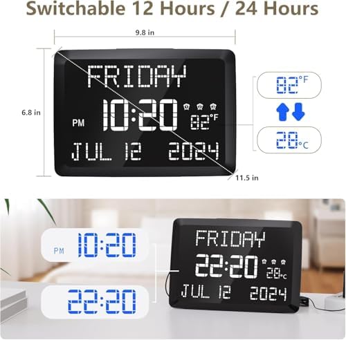 Raynic Digital Clock, 11.5" Large Display Calendar Clock with Day and Date, Indoor Temperature, Adjustable Brightness, Snooze,12/24H, DST for Home, Office, Elderly - Image 2
