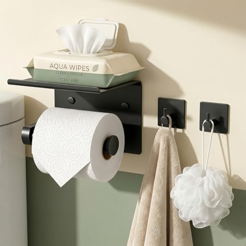 Tindbea Toilet Paper Holder Wall Mount + Towel Robe Hooks, Adhesive or Screw Wall Mounted Toilet Paper Roll Holder with Shelf, Stainless Steel Bathroom Organizers and Storage Kit (Matte Black) by Tindbea