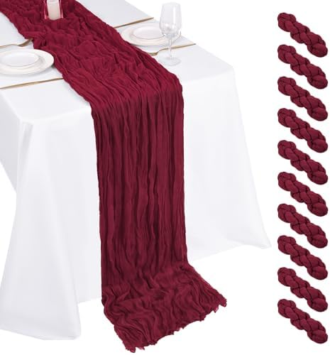 10 Pack Burgundy Cheesecloth Table Runner 17x108 Inch Boho Gauze Cheese Cloth Table Runners for Wedding Party Baby Shower Birthday Home Decor by Unknown