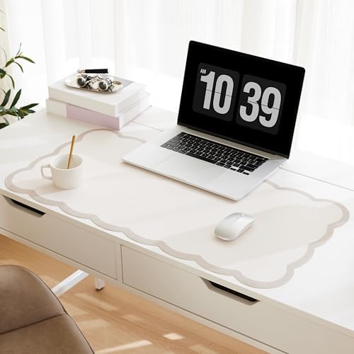 Scalloped Desk Mat, 31.5" x 15.7" Large Cute Aesthetic Desk Accessories, PU Leather Computer Laptop Desk Mouse Keyboard Pad, Desk Writing Mat for Vanity/Work/Home Decor (Beige, 31.5" x 15.7") by Ohocut
