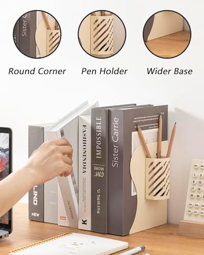 Kingsmile Book Ends, Adjustable Heavy Duty Metal Book Stoppers with Pen Holder for Desk Office Library Kids Room(Light Beige) - Image 2