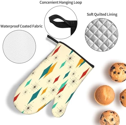 Mid Century Modern Oven Mitts and Pot Holders Set Heat Resistant Non Slip Set of 3 Retro Decor Kitchen Gloves Hot Pads for Cooking BBQ Baking Grilling - Image 5