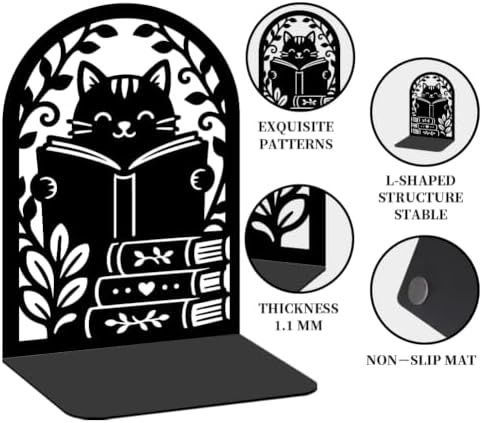 2 Pairs Reading Cat Metal Bookends, Heavy Duty Black Book Support, Creative Books Organiser Stopper for Shelves Bookshelf Office Home Decor, Cat Lovers & Bookworms Gift - Image 4