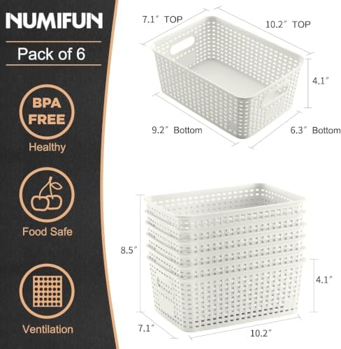 Plastic Storage Baskets 6 Pack Sturdy Storage Organizer Basket Woven Plastic Storage Bins for Shelves,Closet,Countertops, Desktops, Cabinets and Badrooms,Saving Storage, Stylish Design,White - Image 3