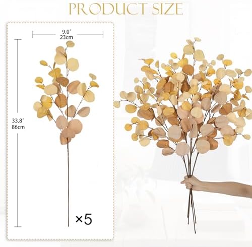 DILATATA Artificial Yellow Eucalyptus Stems – 34” Silk Silver Dollar Leaves, Set of 5 – Faux Eucalyptus Branches for DIY Bouquets, Floral Arrangements, Centerpieces, Wedding & Home Décor - Image 3
