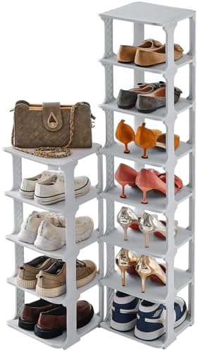 5 Tiers Vertical Shoe Rack, Narrow Free Standing Shoe Storage Organizer for Entryway and Small Closet, Stackable Shoe Holder Shelf Stability DIY, Grey by HHKHenHaoKan
