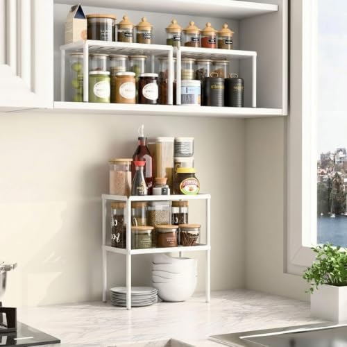 Cabinet Organizer Shelf, 2 Tier Kitchen Cabinet Organizer with Stackable Cabinet Shelves for Kitchen Countertop Storage, Metal Kitchen Shelf Organizer for Spice, Pantry & Under Sink (White) - Image 2