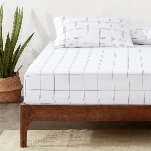 Bare Home Fitted Sheet - 1800 Ultra-Soft (Full, Modern Plaid - White/Grey) by BareHome