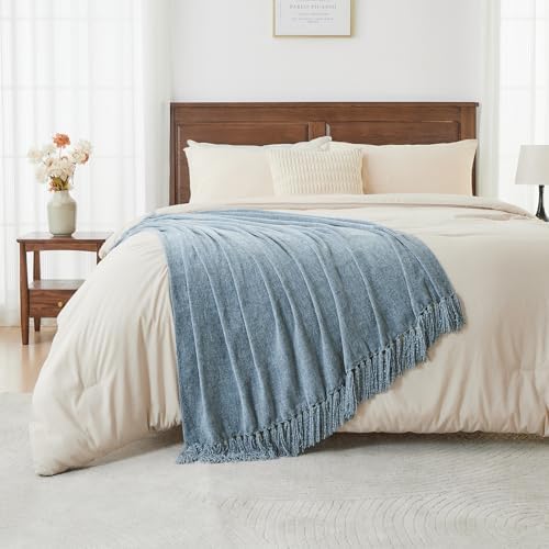 CozeCube Chenille Throw Blanket, Dusty Blue Fringe Blanket, 60"X80" - Image 4