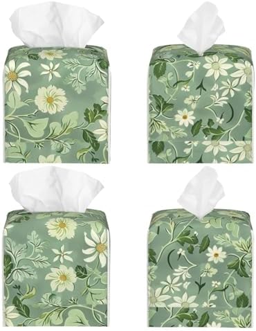 Green Floral Tissue Box Cover Square Leather Tissue Case Holder Facial Paper Organizer Dispenser Decorative for Tabletop Night Stands Desk Bathroom Kitchen Car Office Home Decor - Image 2