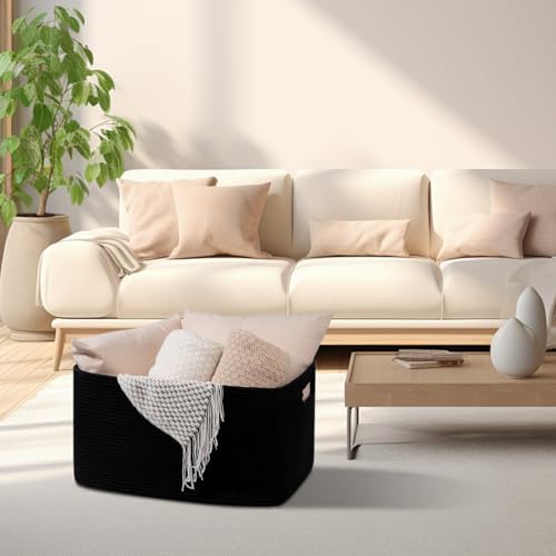 OIAHOMY 75L Large Blanket Basket Woven Storage Basket with Handle Black - Image 2